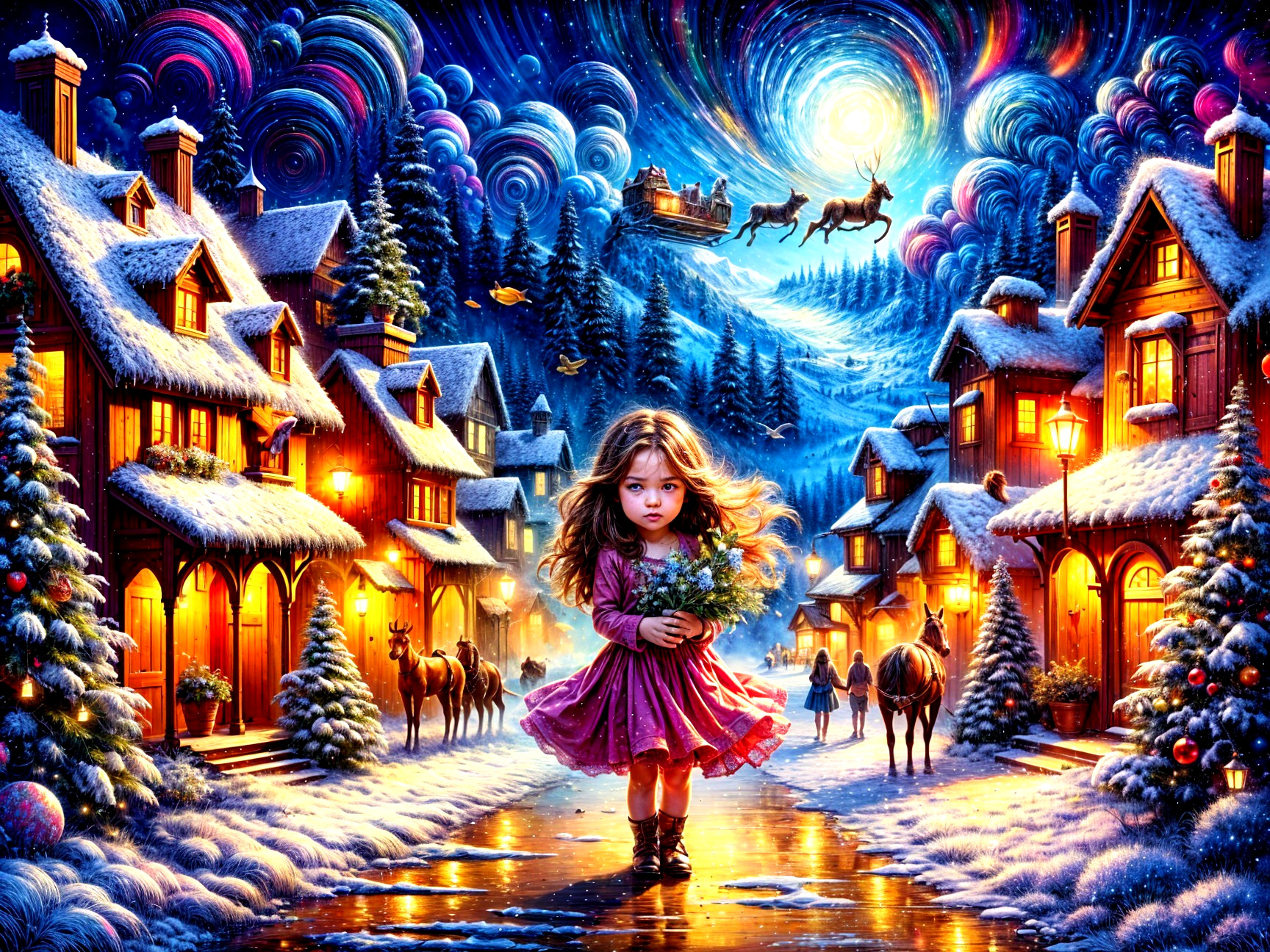 Winter Wonderland Village Scene with Young Girl