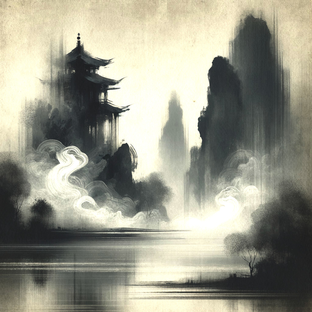 Misty River Landscape with Mountains and Pagoda