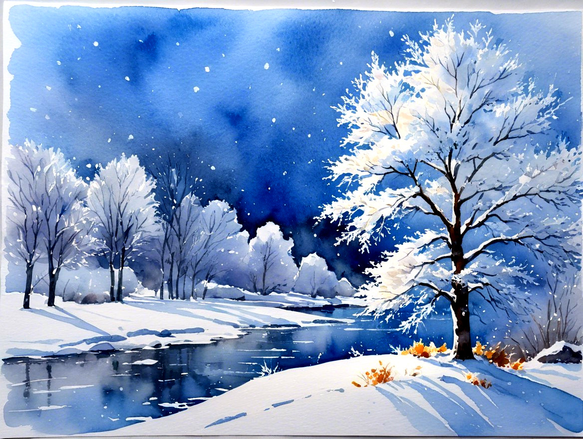 Winter Landscape in Watercolor with Snowy Trees