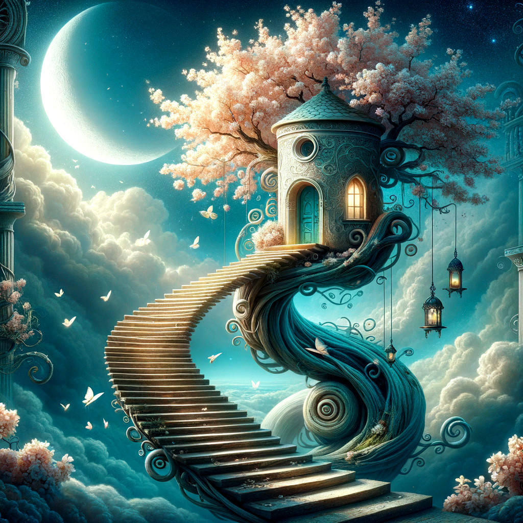Whimsical Tree House with Spiraling Staircase and Moon