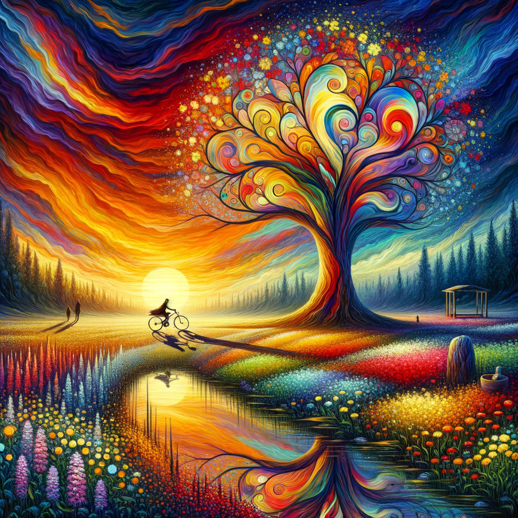 Vibrant Landscape with Whimsical Tree and Sunset Pond