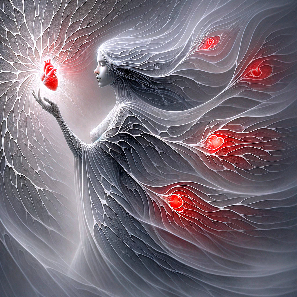 Ethereal Figure Holding Glowing Red Heart in Light