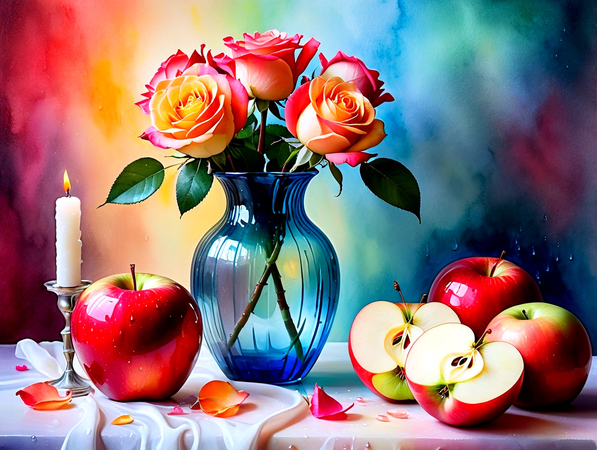 Vibrant Still Life with Roses, Apples, and Candle