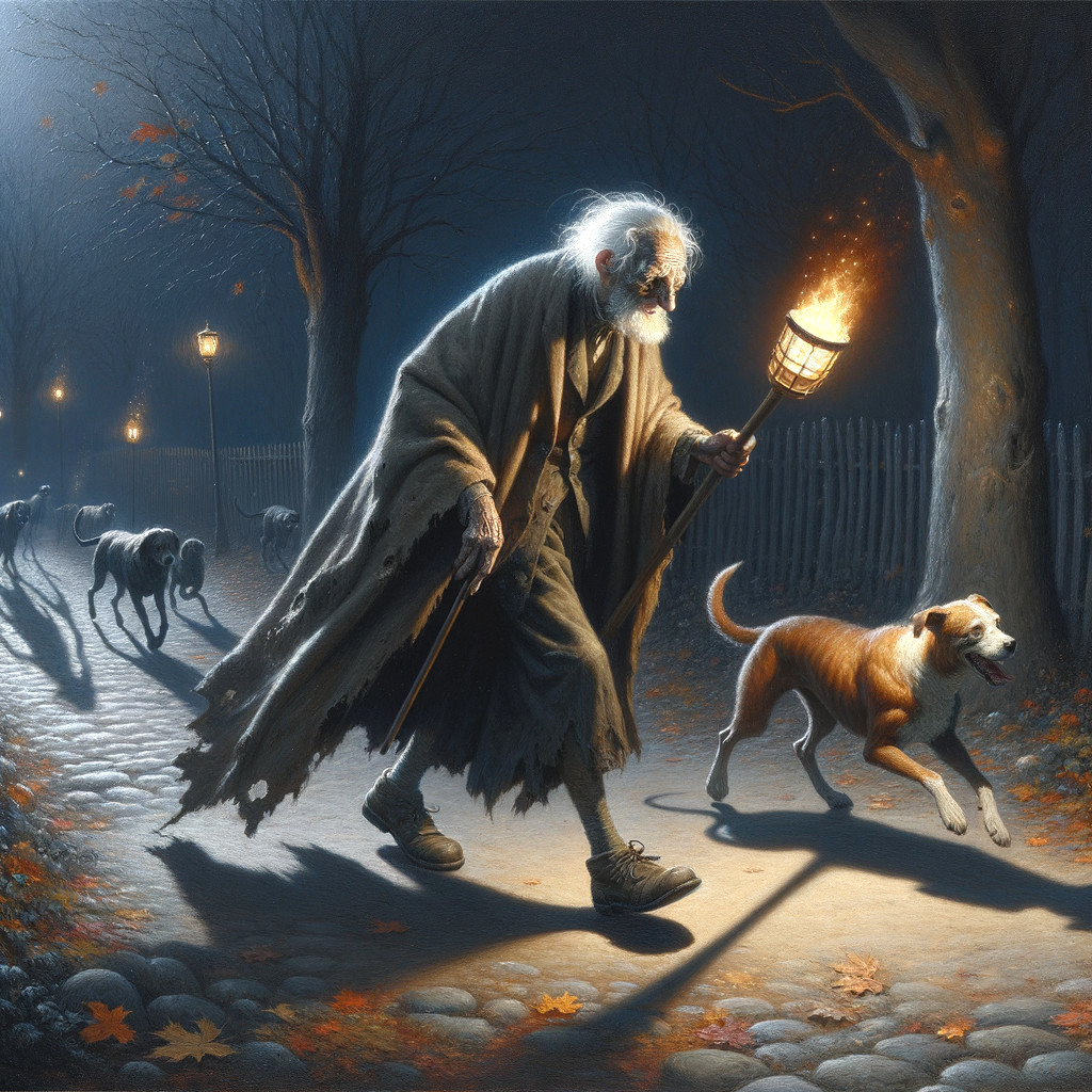 Old man with torch and dogs on cobblestone path