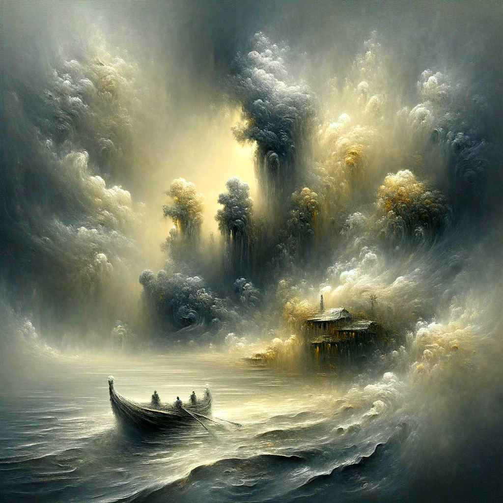 Lone Boat in Misty Waters with Ethereal Light