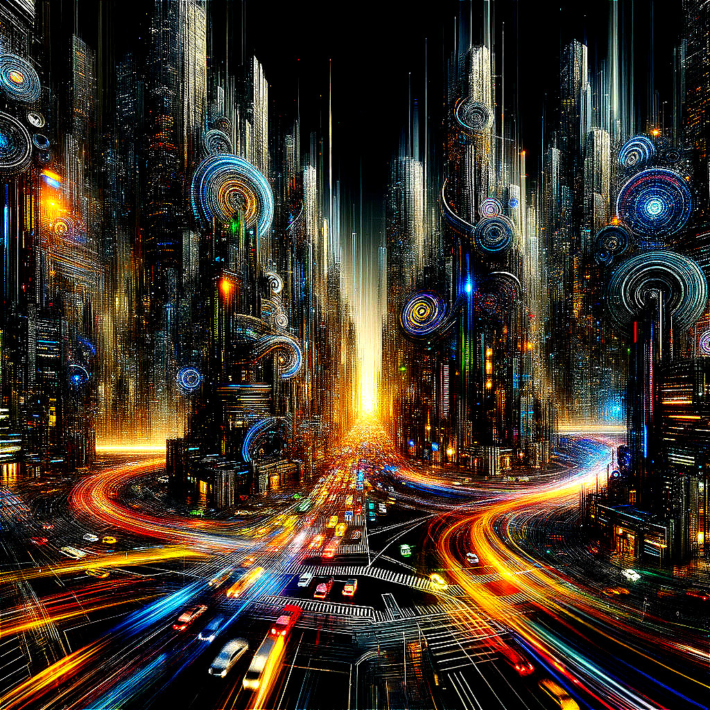 Futuristic cityscape with colorful skyscrapers and lights