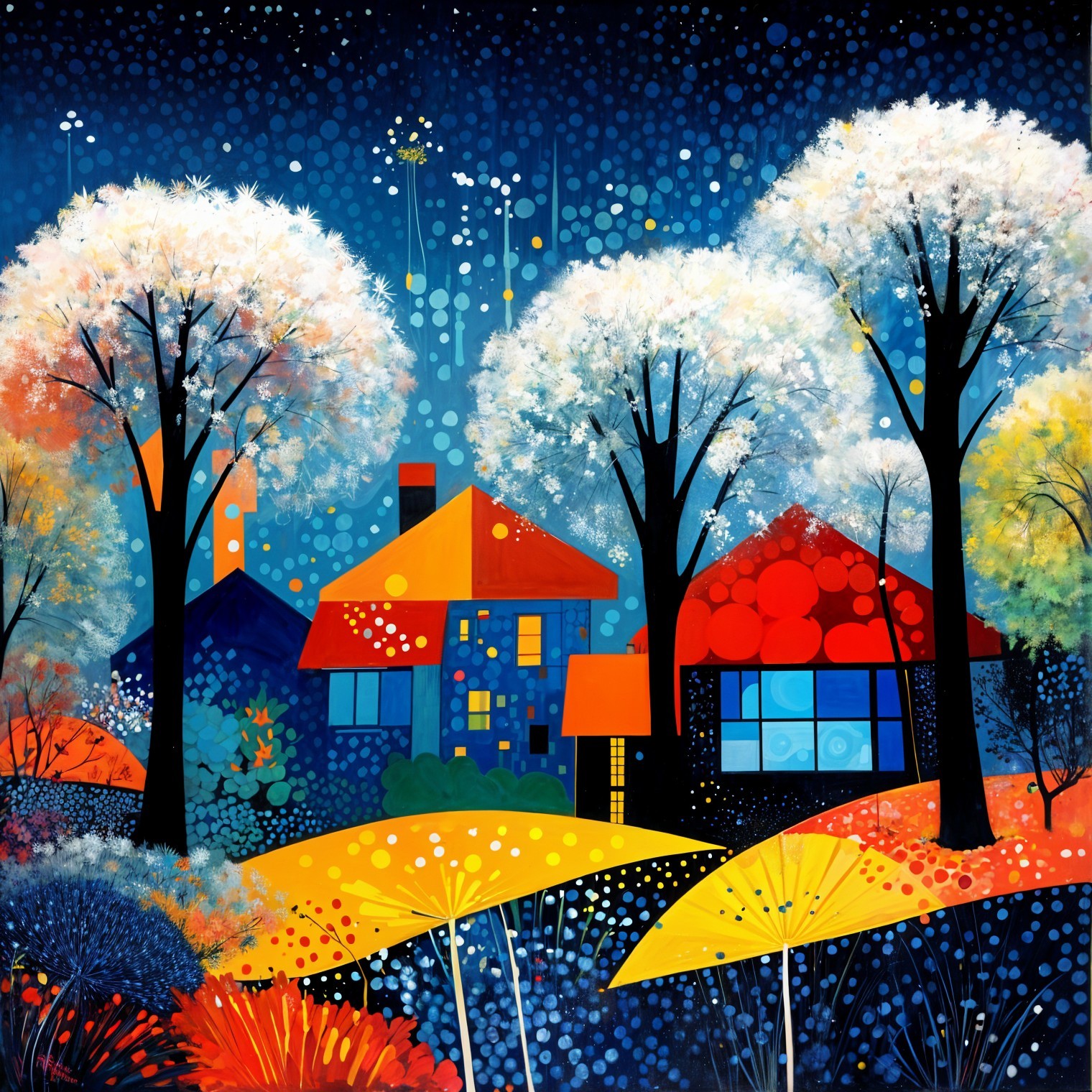 Vibrant Landscape with Colorful Houses and Whimsical Trees