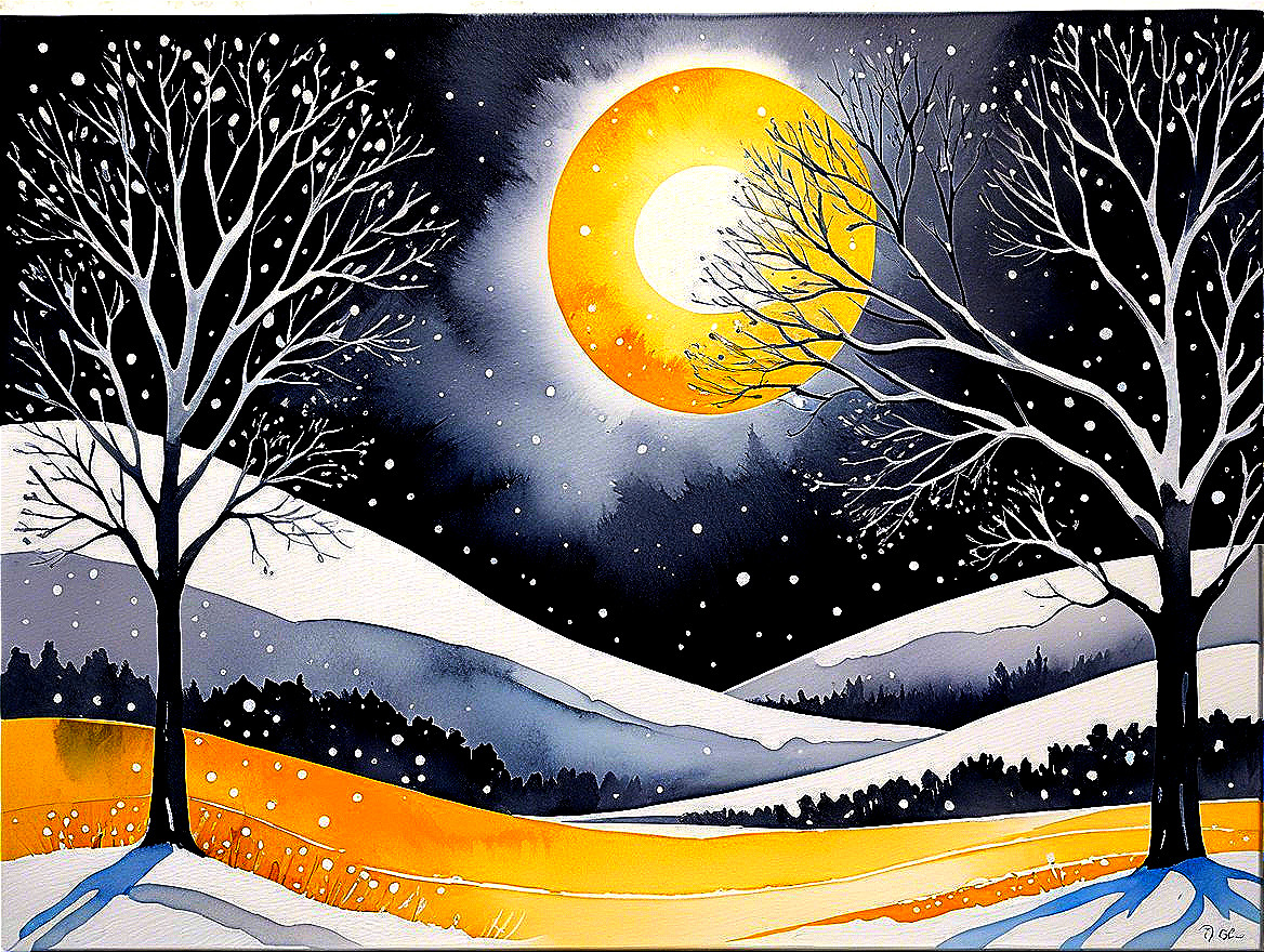 Serene Winter Landscape with Moon and Snowfall