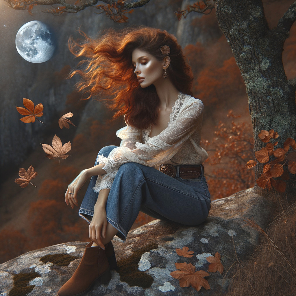 Woman with Red Hair in Autumn Landscape Setting