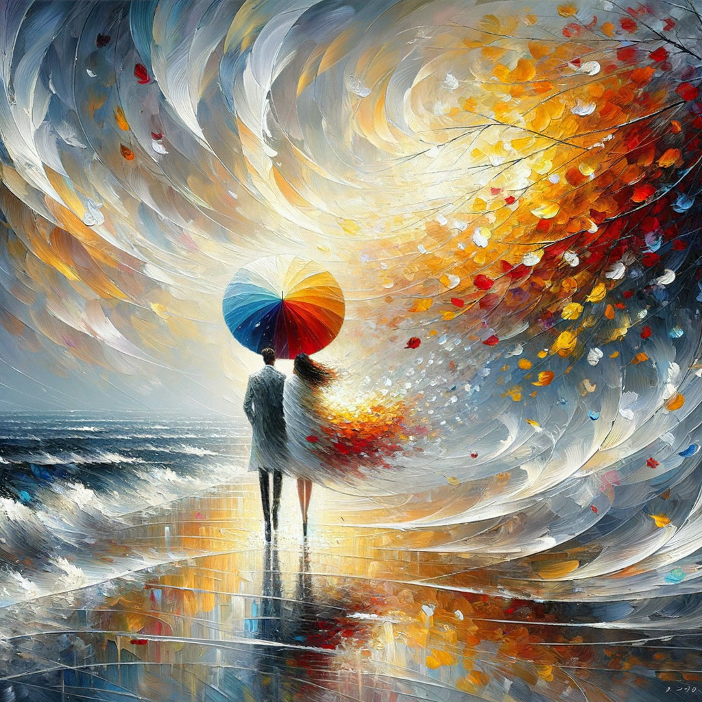 Couple on Beach Under Colorful Umbrella in Autumn Sky