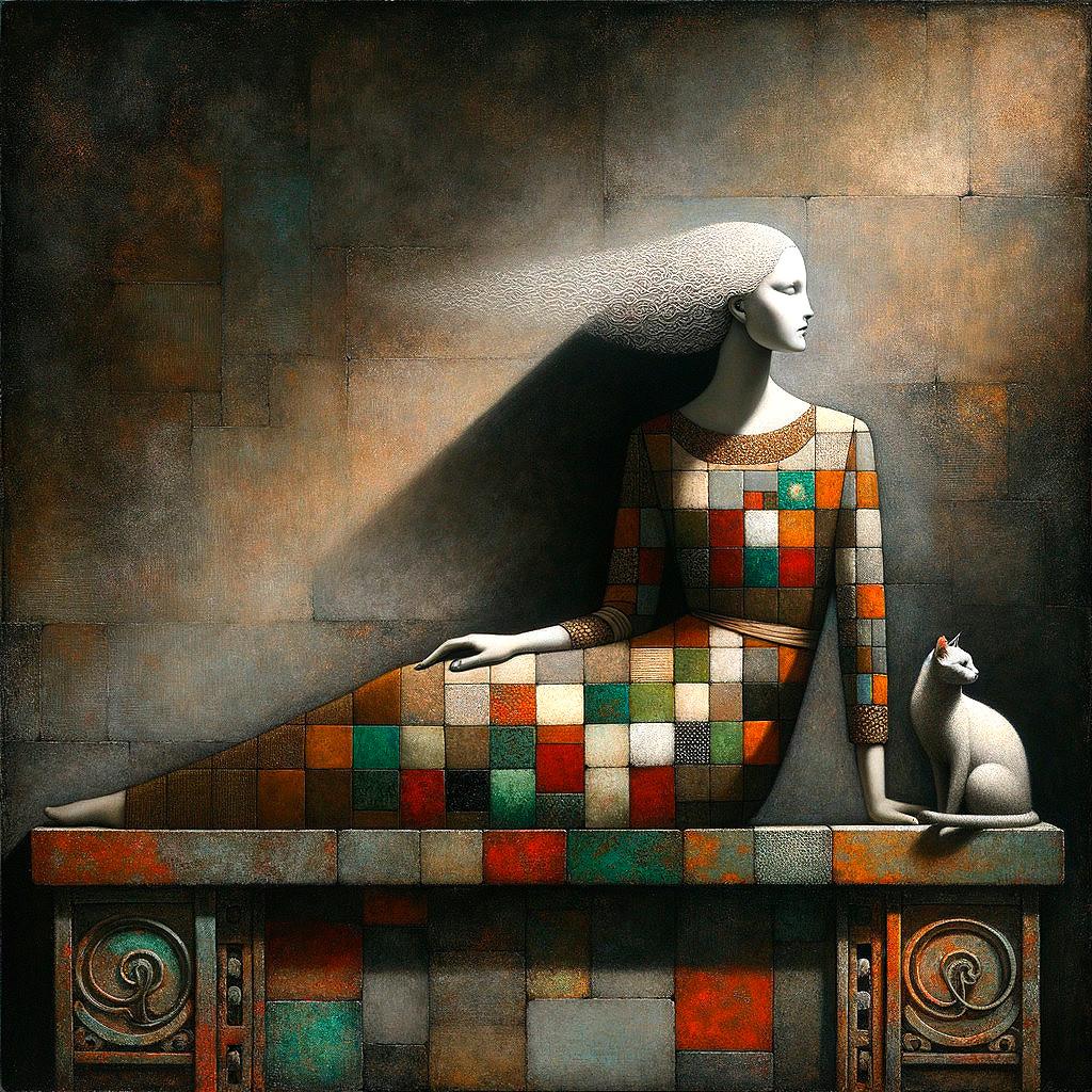 Art Deco Painting of Woman with White Hair and Cat