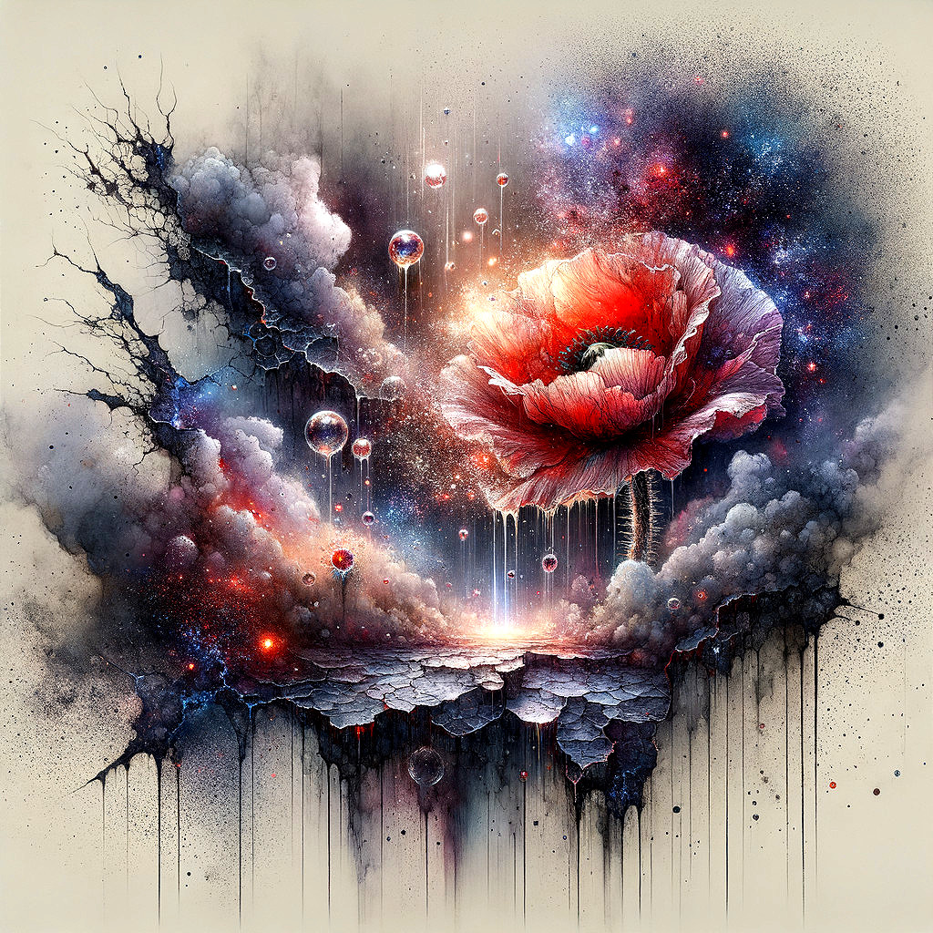 Red Poppy in Cosmic Galaxy with Swirling Clouds