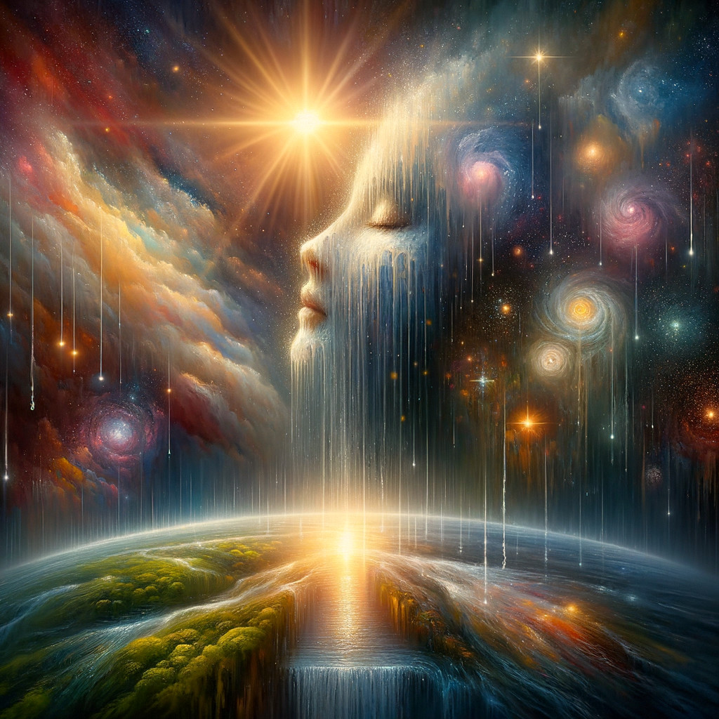 Surreal Cosmic Scene with Serene Face and Galaxies