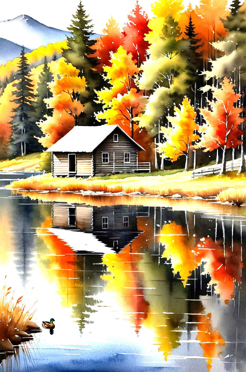 Autumn Landscape with Cabin and Tranquil Lake