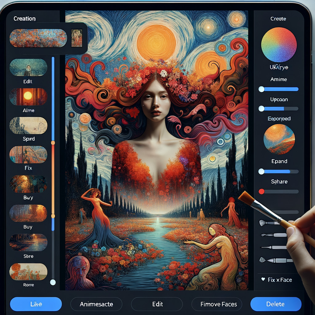 Surreal Artwork of Woman with Colorful Hair and Figures