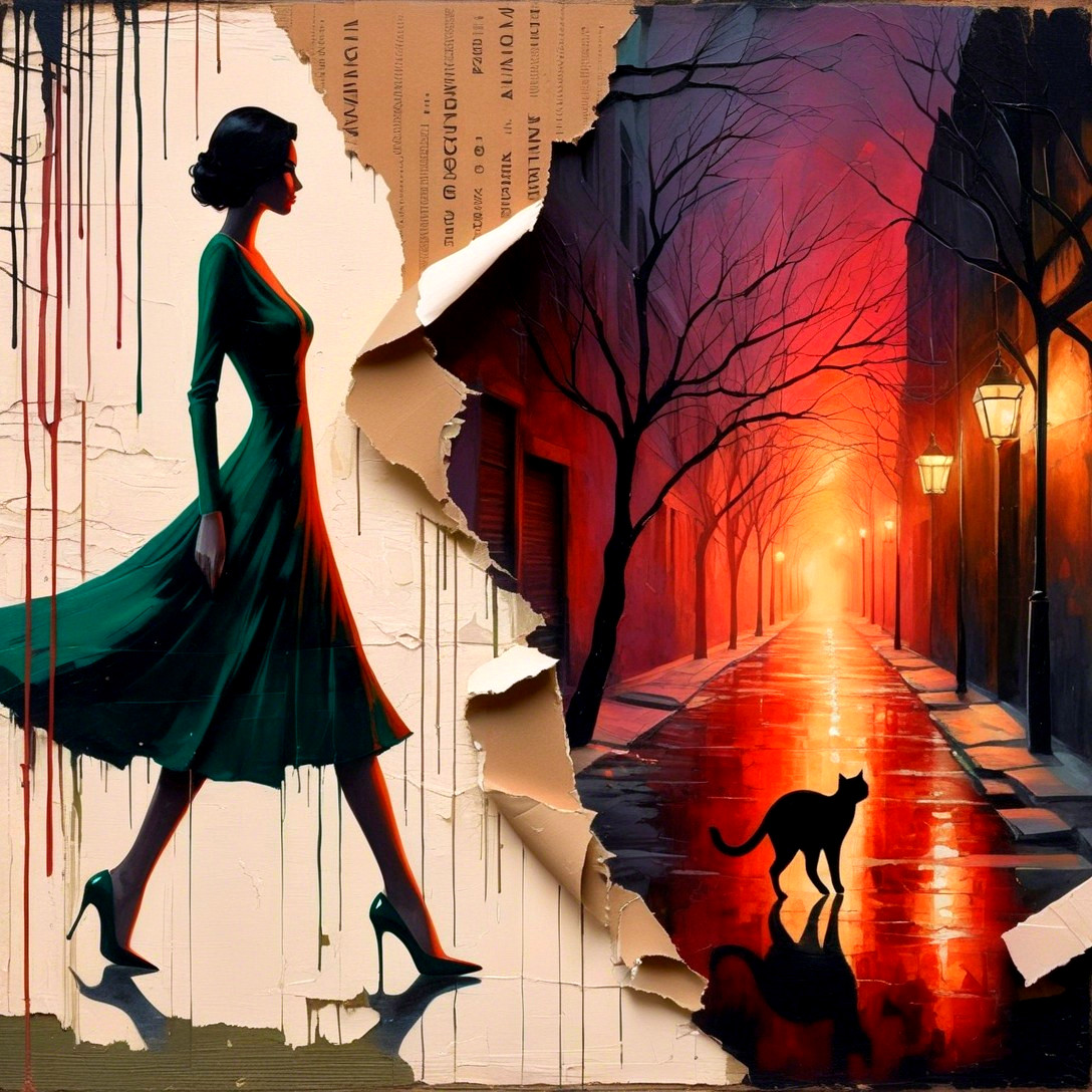 Digital Artwork of Woman in Green Dress in Alley Scene