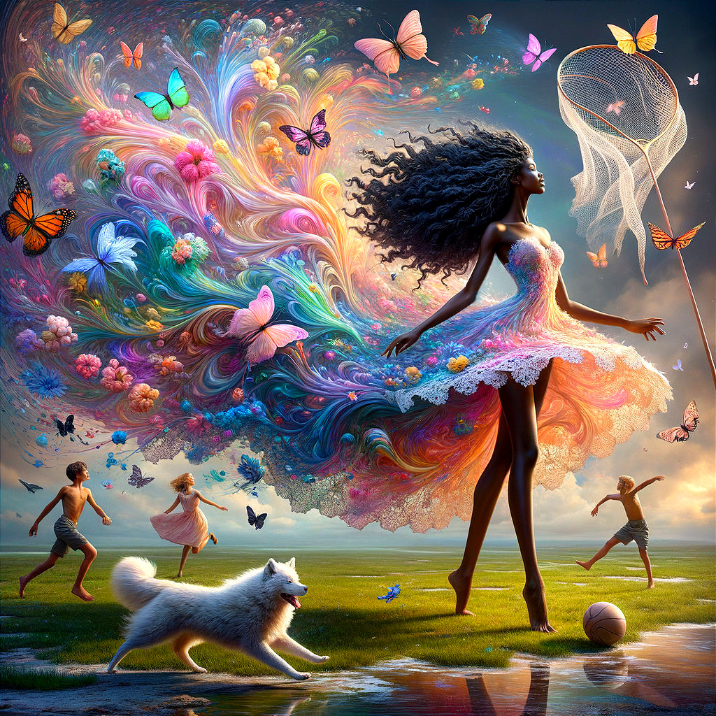 Whimsical Scene of Woman and Children in Nature