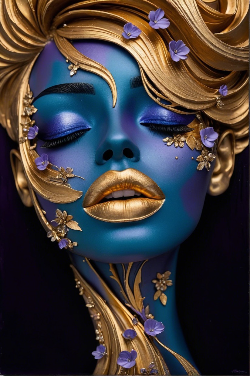 Close-up of a stylized blue-skinned face with gold accents
