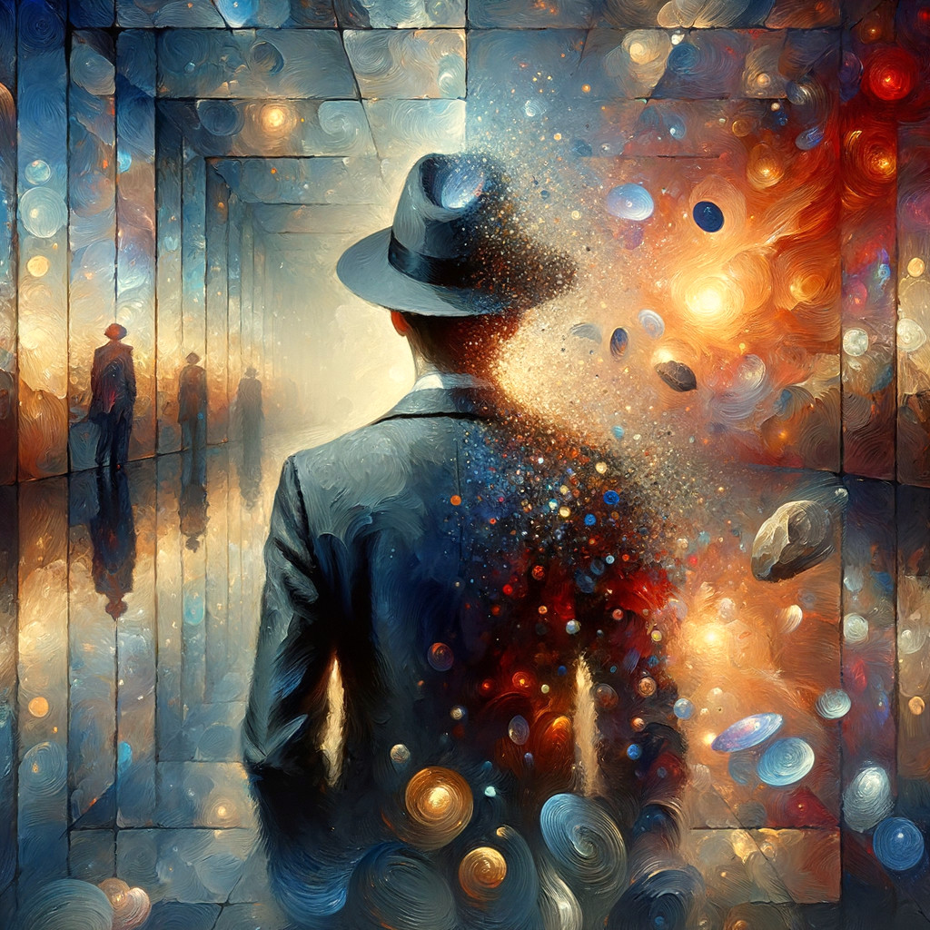 Surreal Corridor with Cosmic Elements and Figures