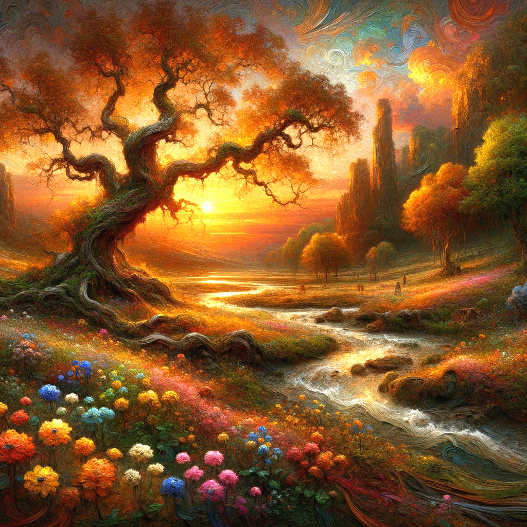 Majestic Tree and Vibrant Sunset Over Serene Valley