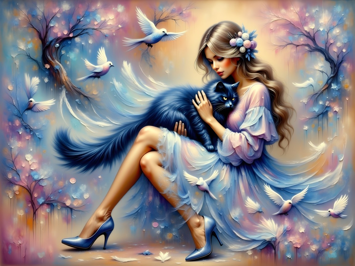 Whimsical Scene of Woman with Cat and Nature Elements