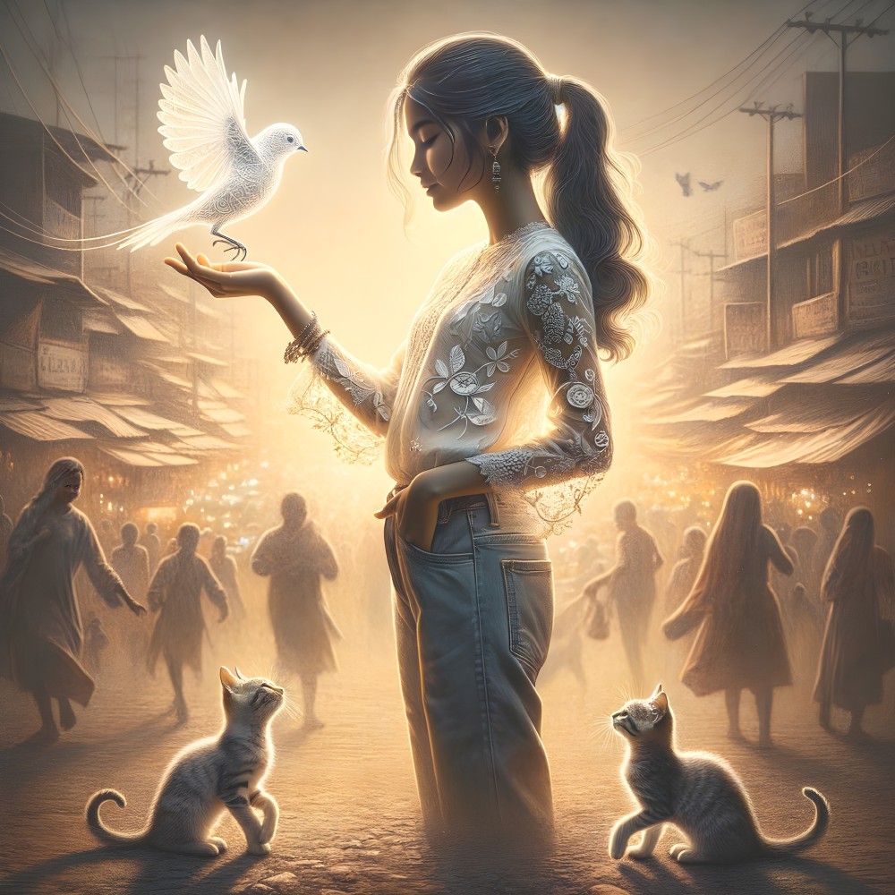 Young woman with glowing bird in bustling market scene