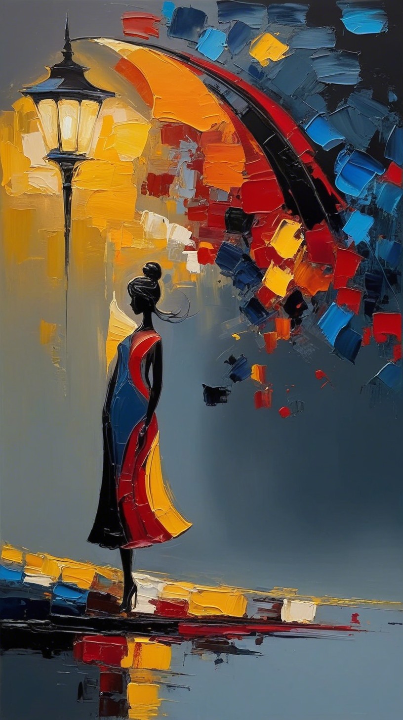 Colorful Oil Painting of Woman Under Lamppost