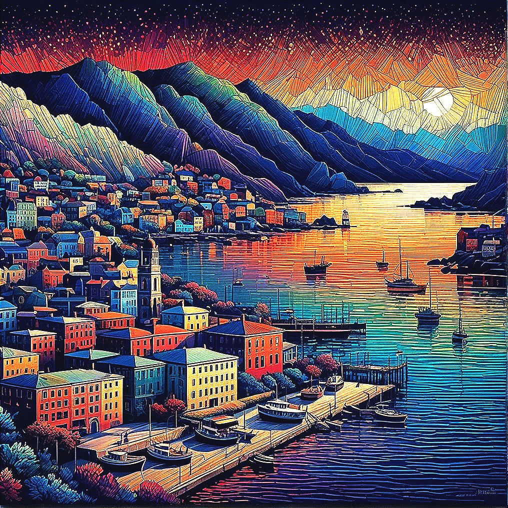 Vibrant Sunset Landscape with Harbor and Mountains
