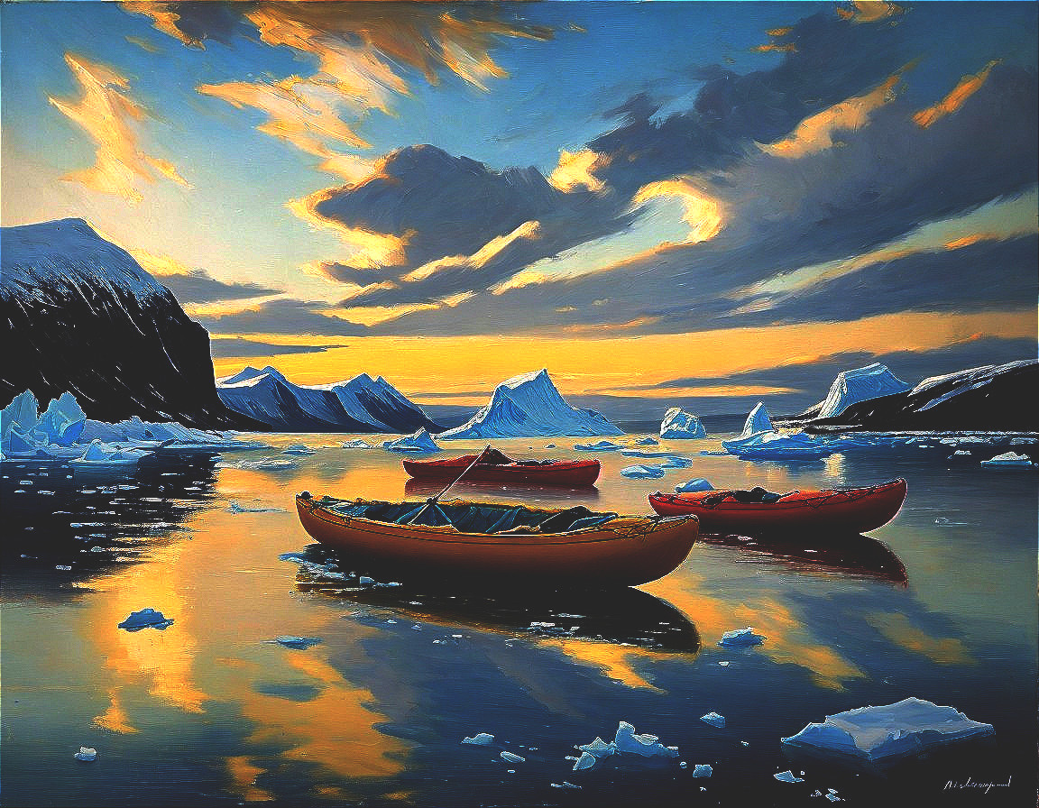 Serene Seascape at Sunset with Red Kayaks and Icebergs
