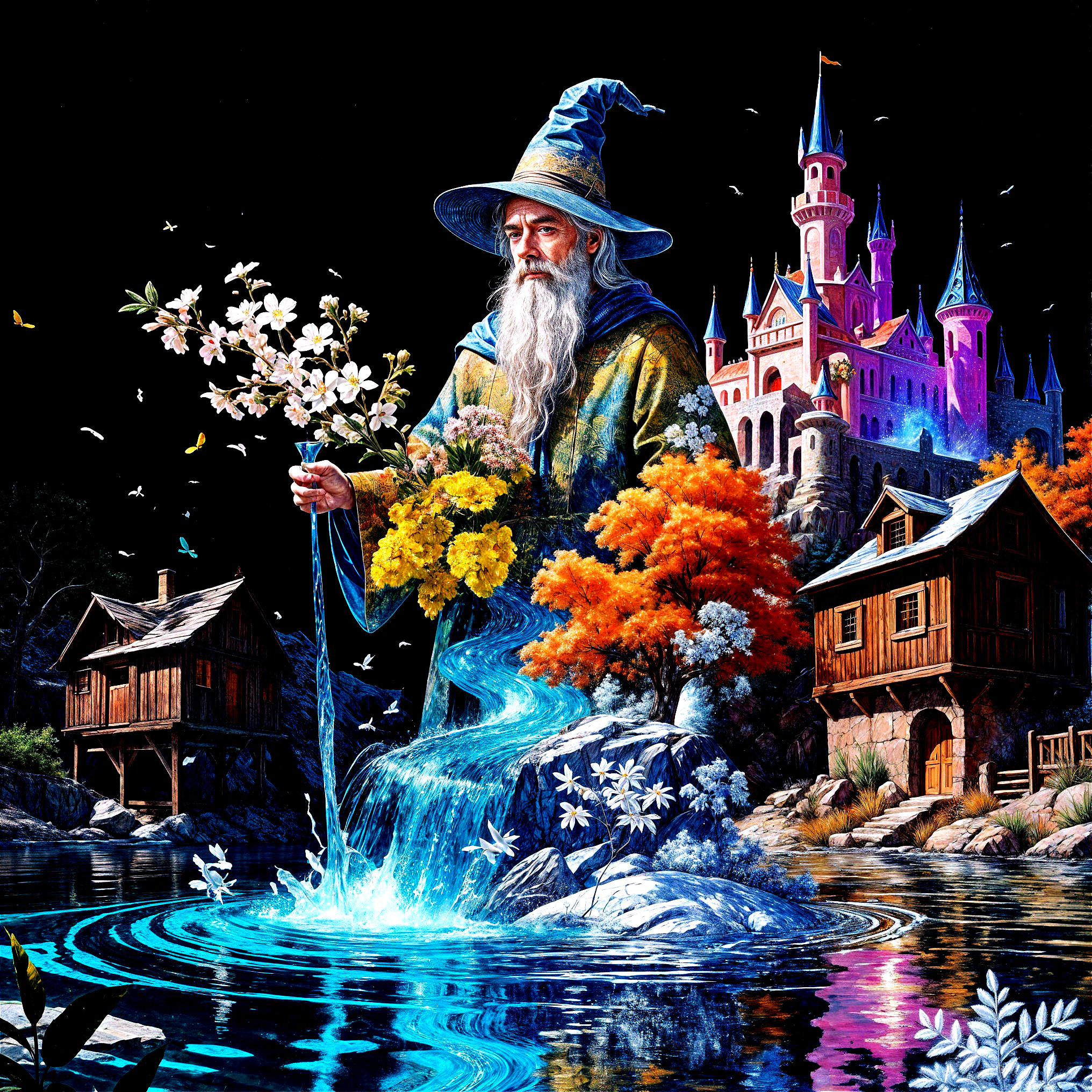 Majestic wizard by a shimmering stream in autumn landscape