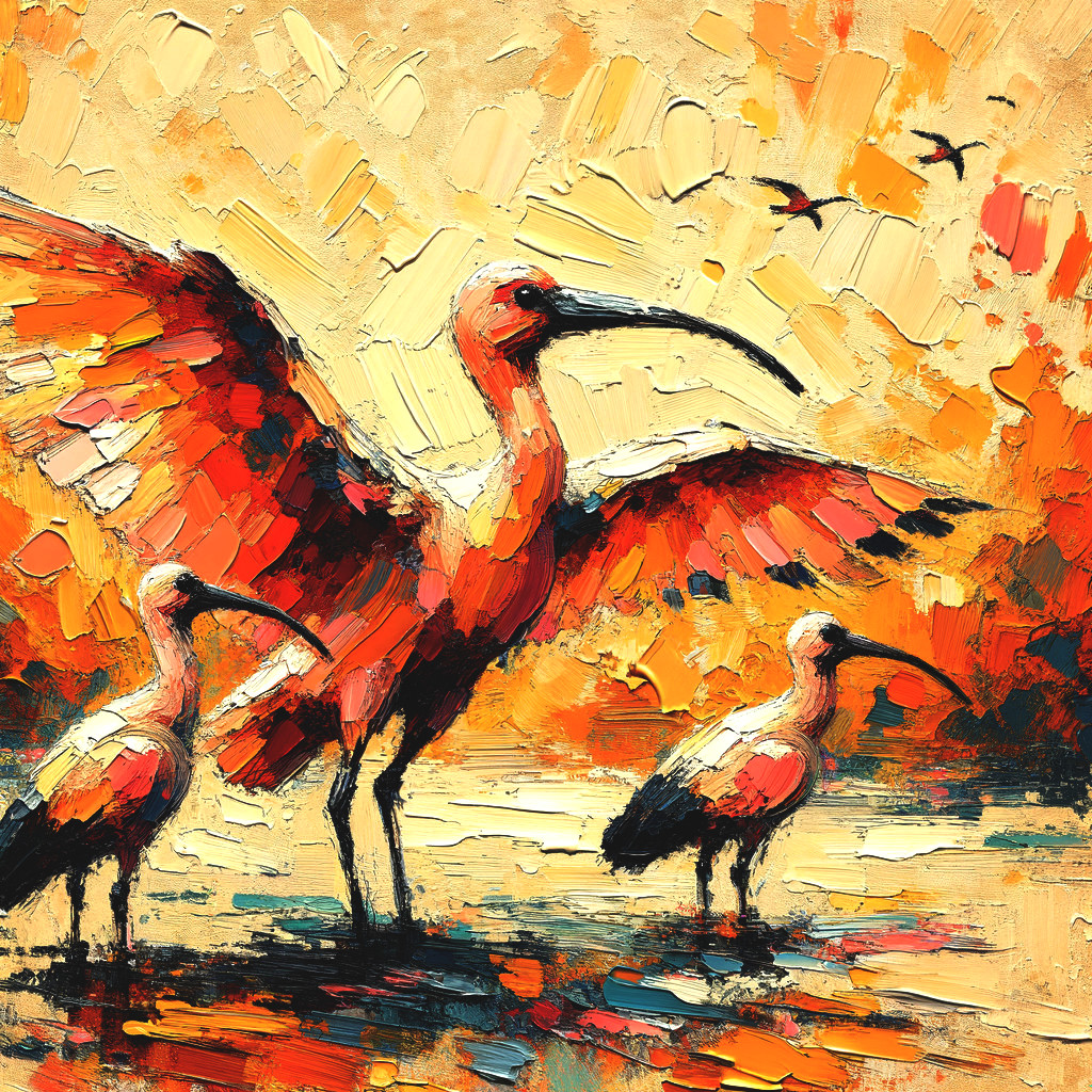 Ibis Birds in Serene Wetland at Sunset