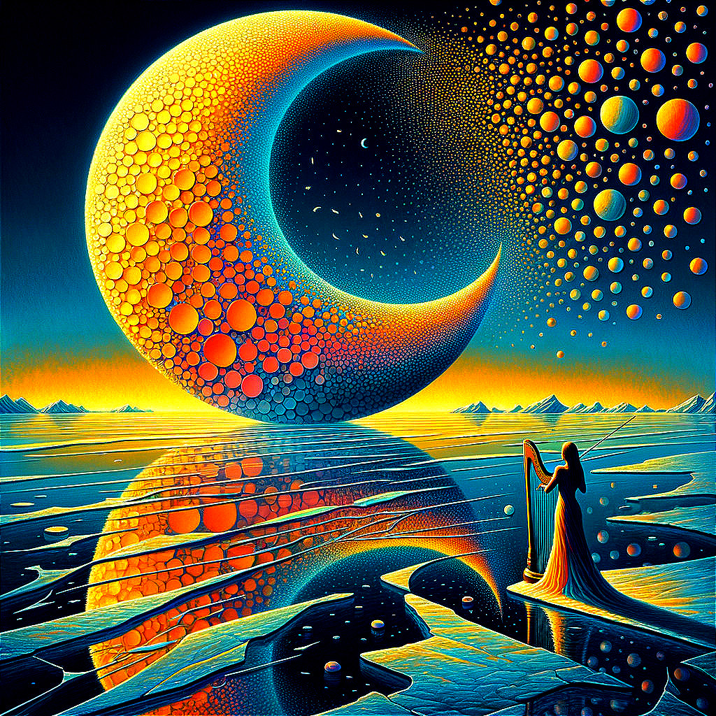 Surreal Landscape with Crescent Moon and Reflective Water