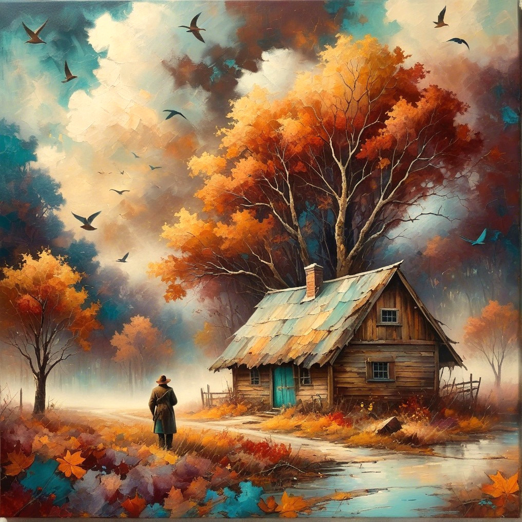 Quaint Cottage in a Vibrant Autumn Landscape