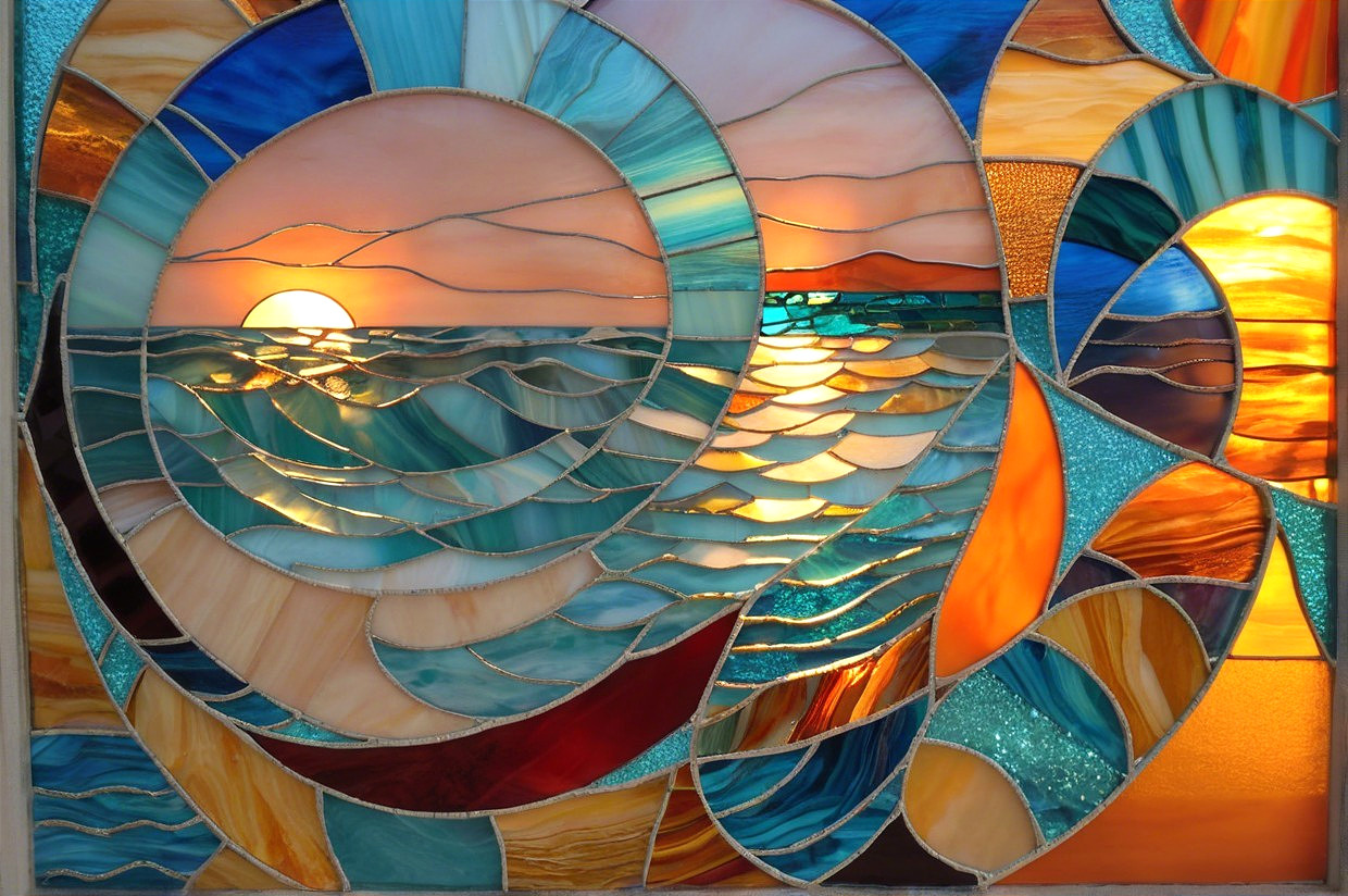 Vibrant Stained Glass Seascape at Sunset