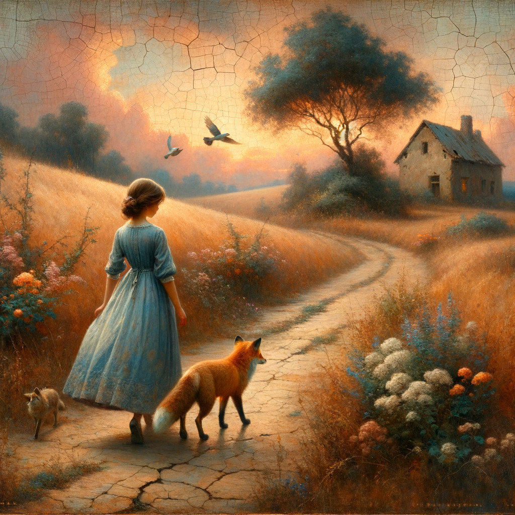 Young Girl in Blue Dress at Sunset Landscape