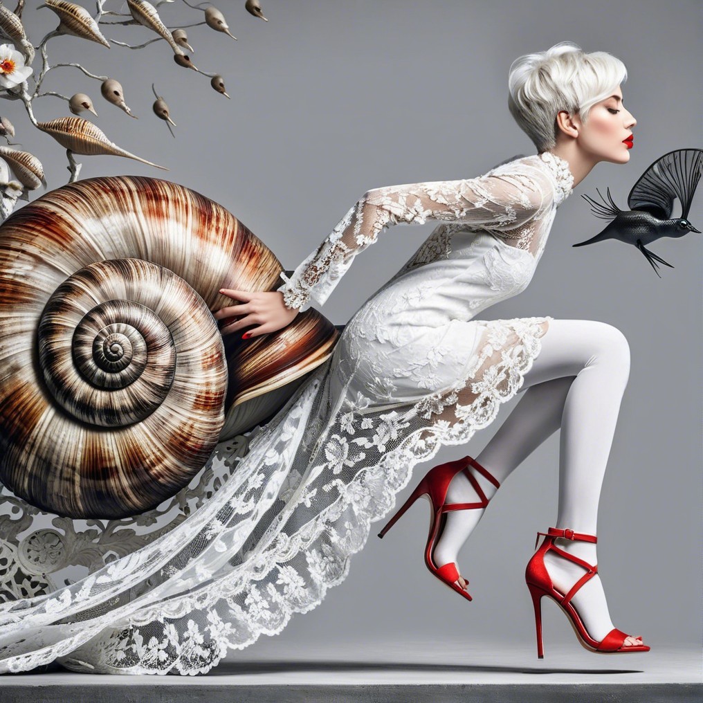 Model in white gown with snail shell and paper cranes