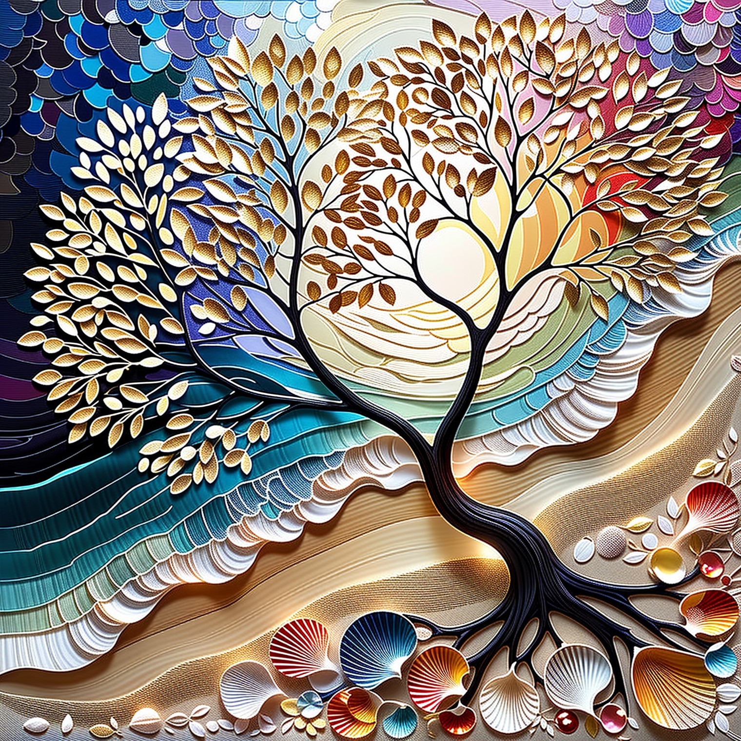 Textured Tree Against Vibrant Sunset and Shoreline