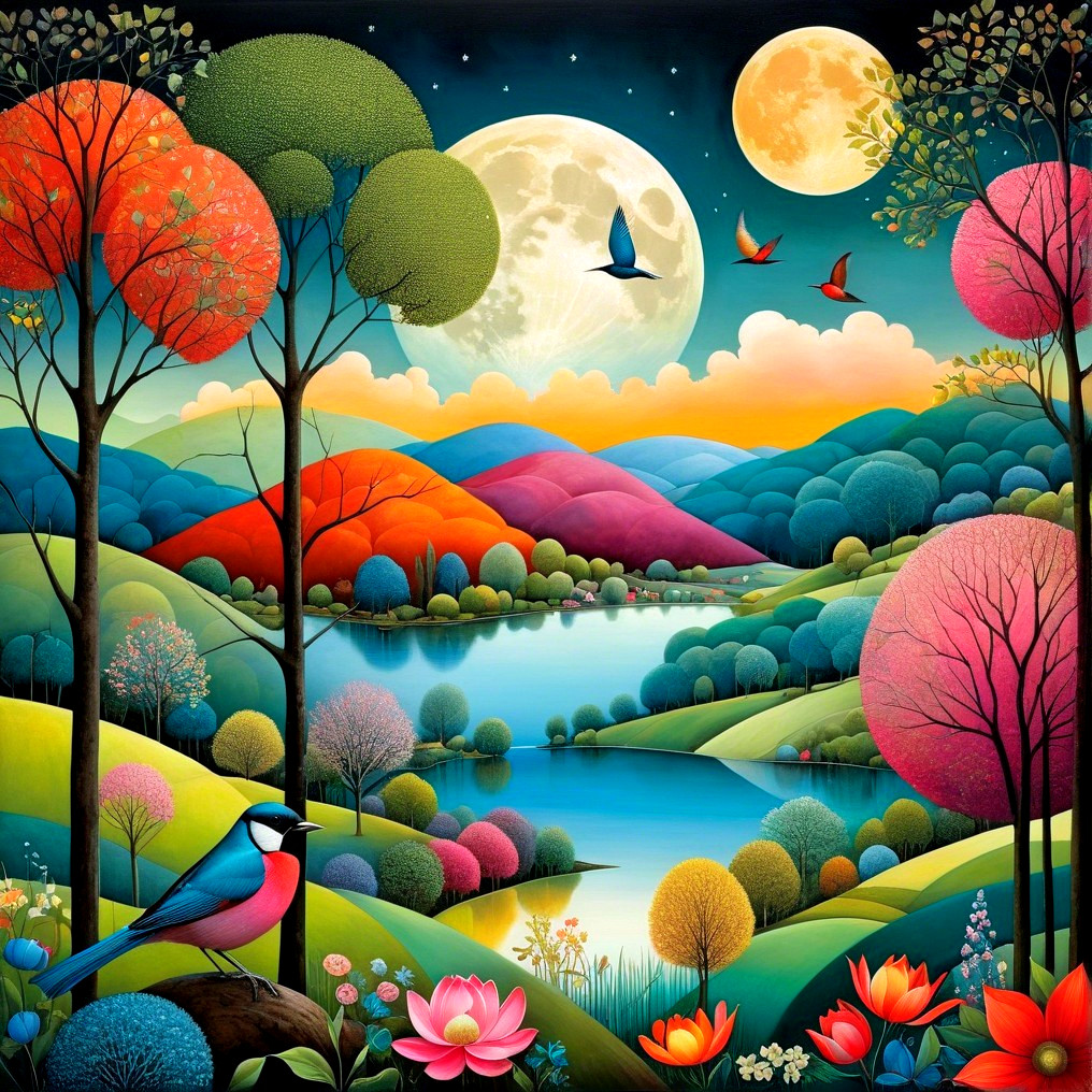 Vibrant Landscape with Colorful Trees and Moons