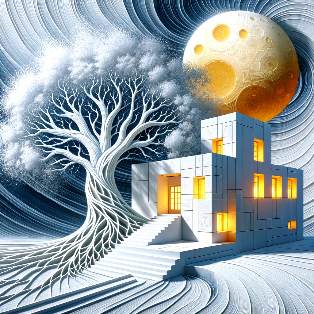 Surreal Landscape with White Building and Twisting Tree