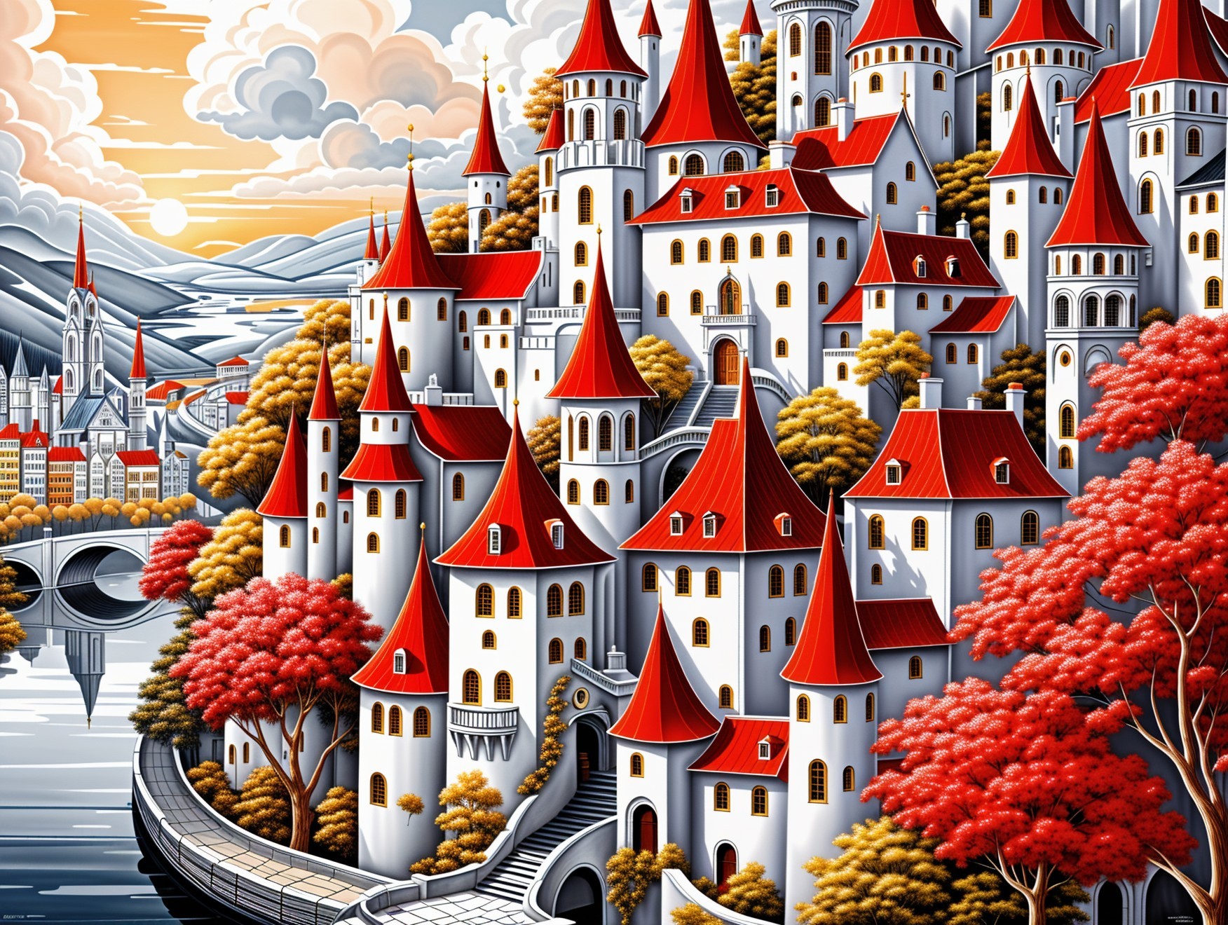 Whimsical Castle Landscape with Autumn Colors and Sunset