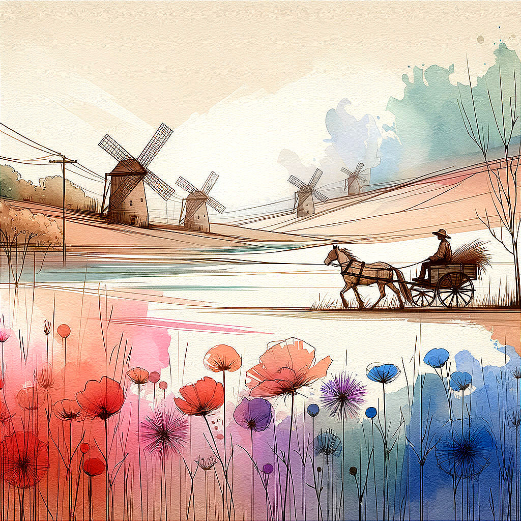 Serene Landscape with Windmills and Wildflowers