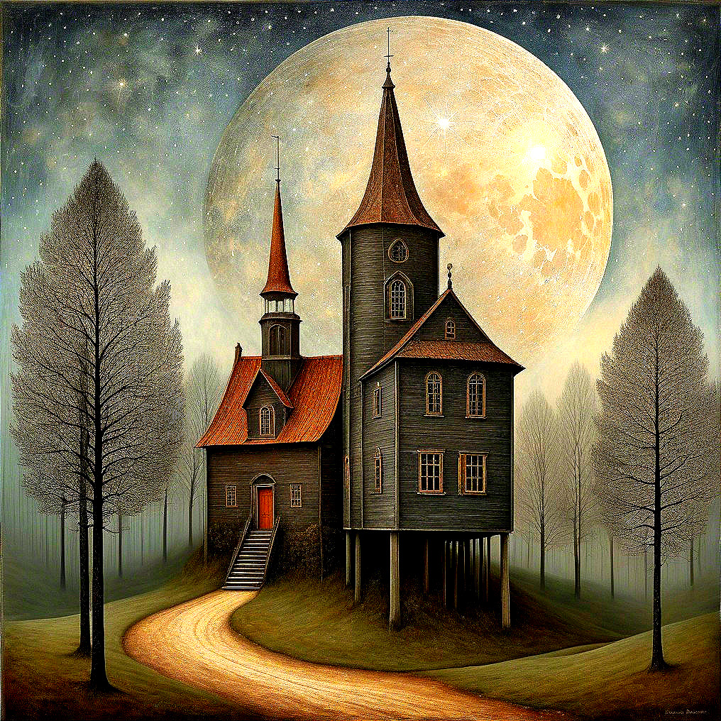 Whimsical Dark-Themed House on Stilts with Towers