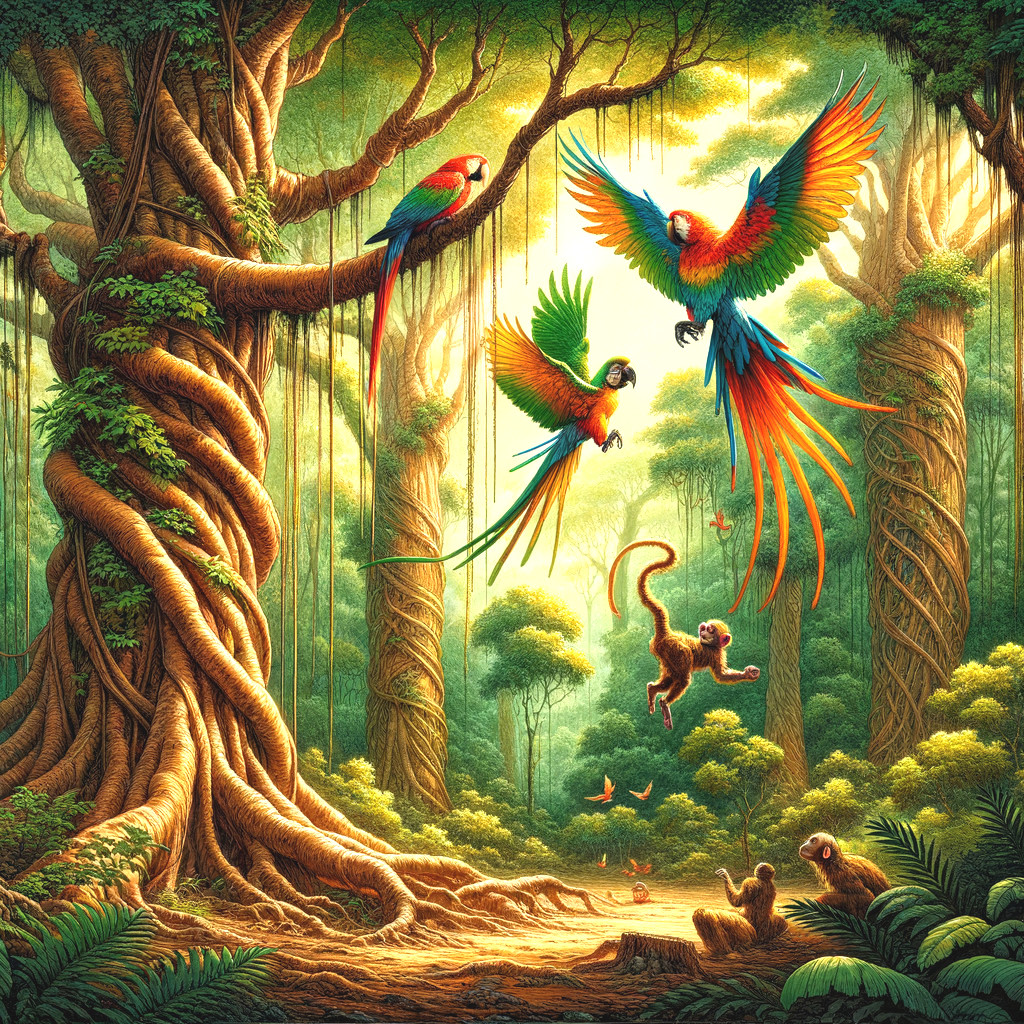 Vibrant Rainforest Scene with Lush Greenery and Wildlife