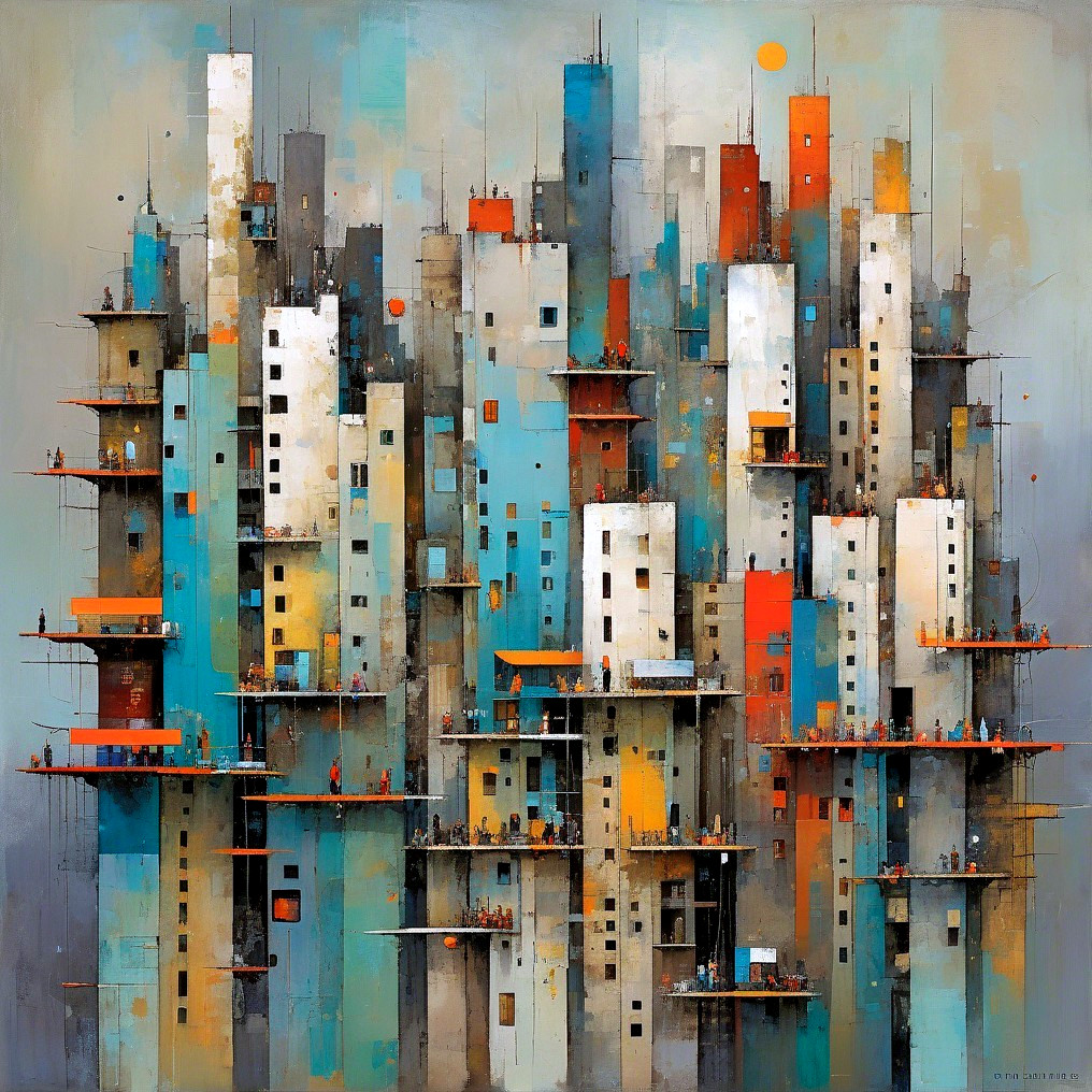 Abstract Cityscape with Colorful Buildings and Figures