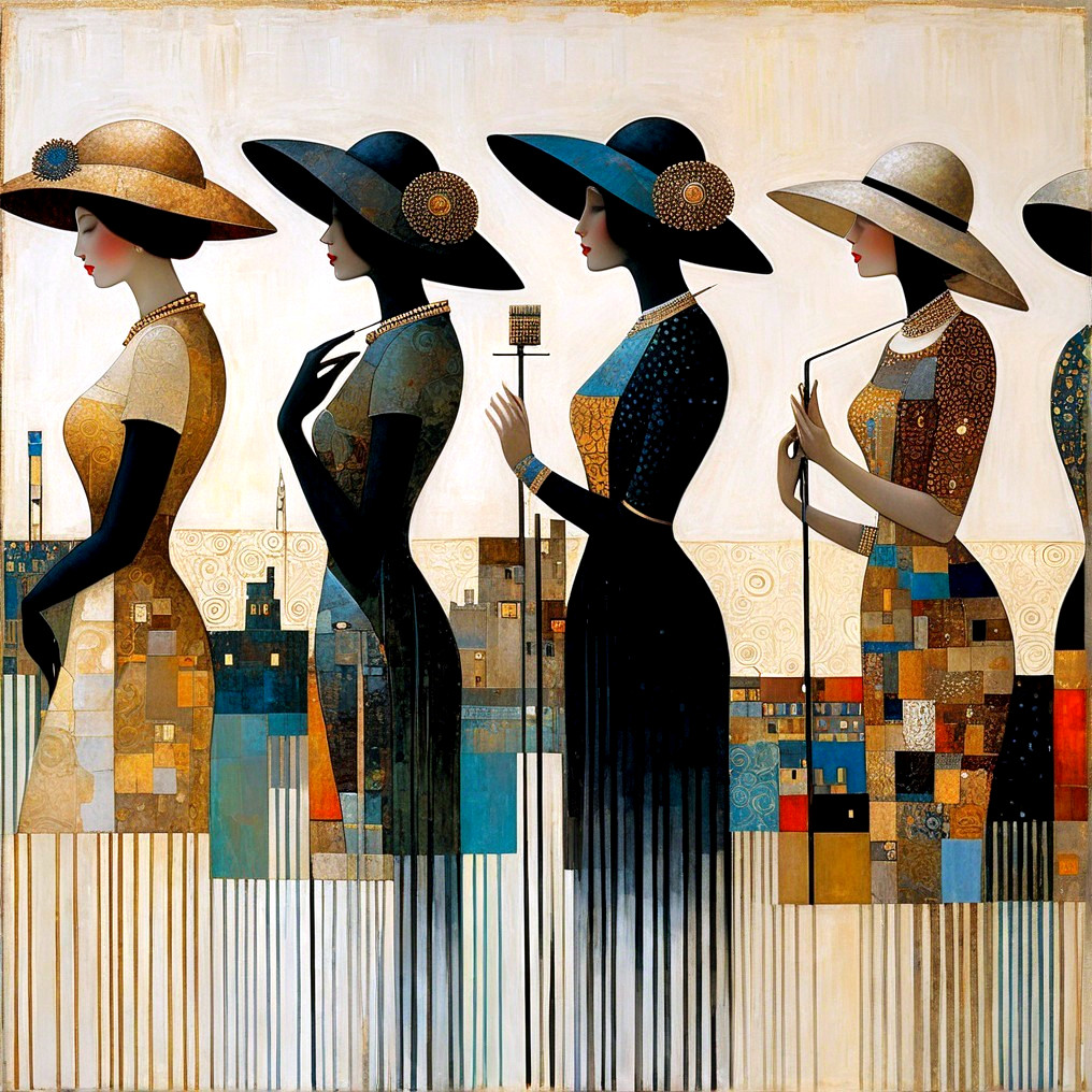 Stylized Parade of Elegantly Dressed Women in Hats