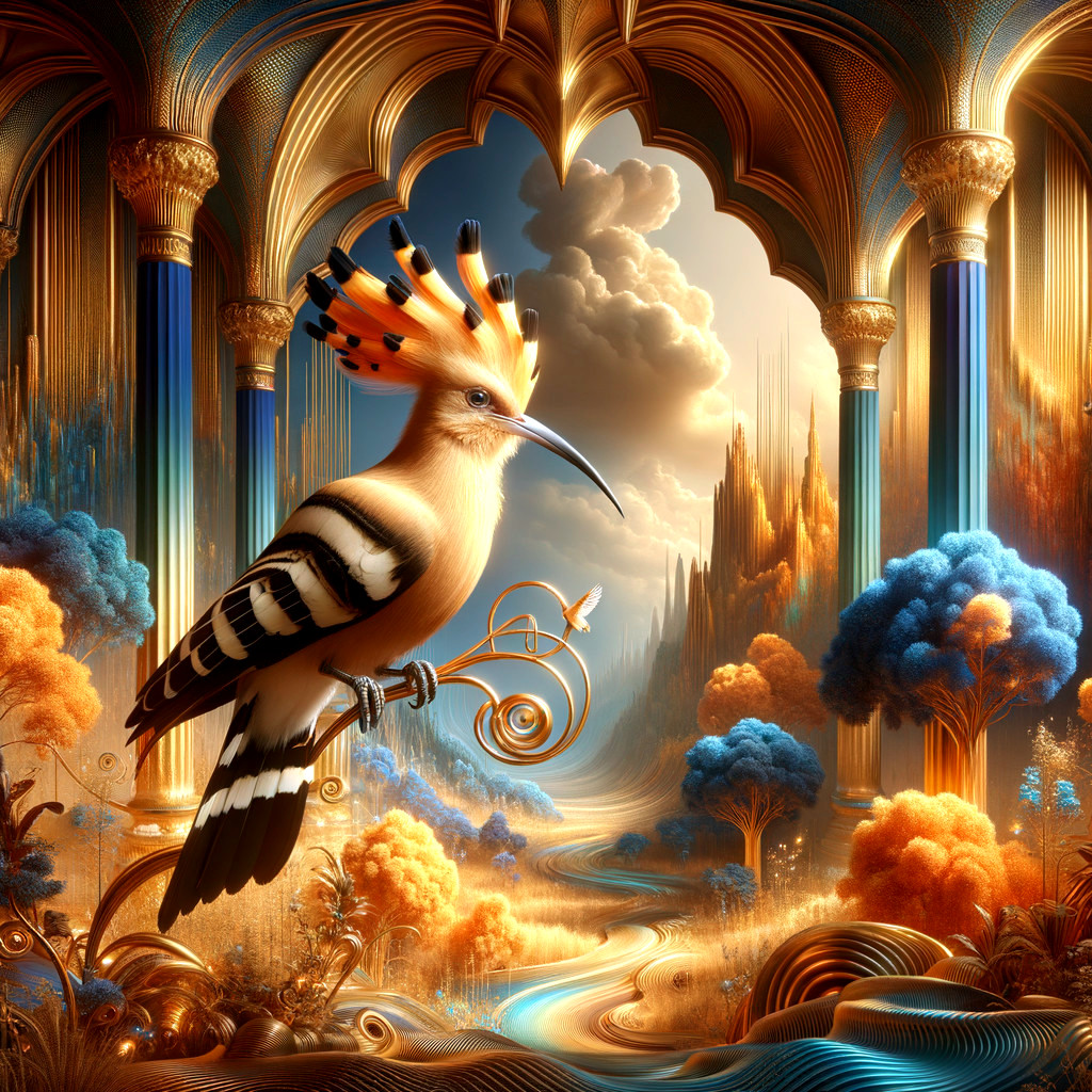Vibrant Bird on Golden Vines in Fantastical Landscape