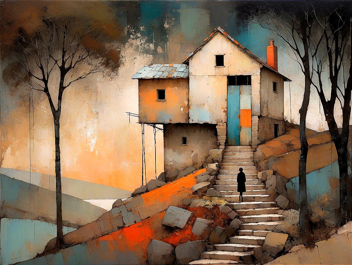 Abstract House on Rocky Terrain with Geometric Shapes