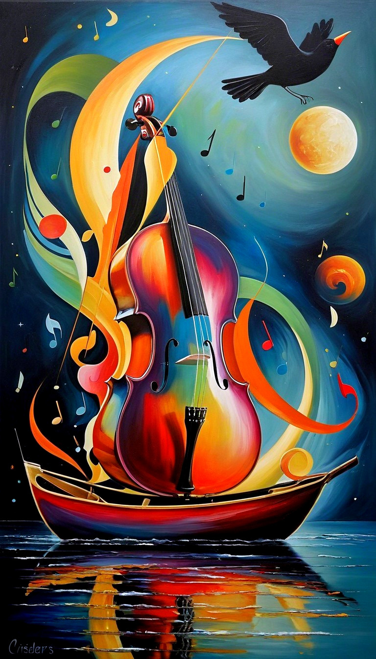 Vibrant Abstract Scene with Colorful Cello and Notes