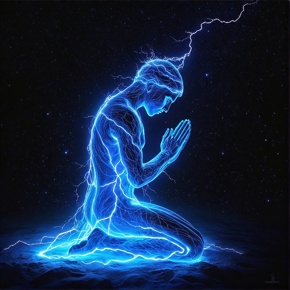 Luminous Figure in Prayer with Electric Energy Effects