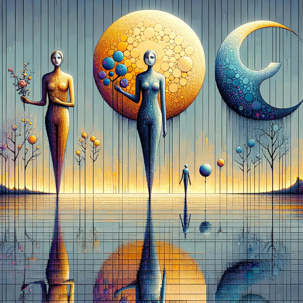 Pixel Art Depiction of Two Human Figures and Celestial Bodies